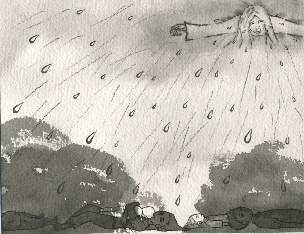 戦場へ降り注ぐ悲しい雨と天使の水彩画です。