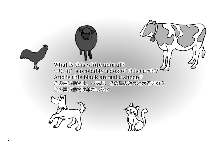 猫と犬と牛と羊とニワトリのイラストです。